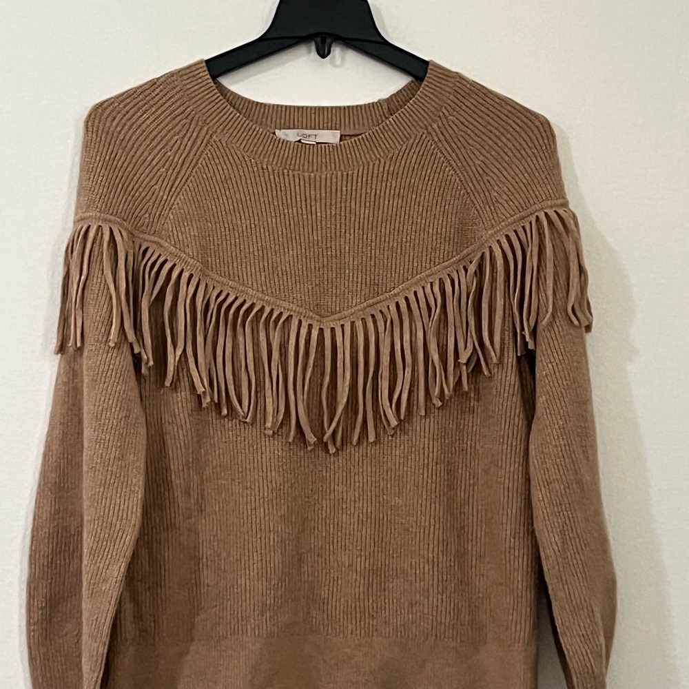 LOFT Stylish Tan‎ Fringe Ribbed Crewneck Sweater, Size XL
